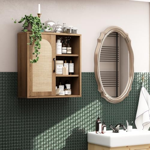 RUSTOWN Boho Rattan Bathroom Wall Cabinet with Sliding Door, Rustic Oak | Farmhouse Bathroom Cabinet, Adjustable Shelves, Over The Toilet Storage Cabinet, 3-Tier Wall Mounted Cabinets - color: Natural Oak