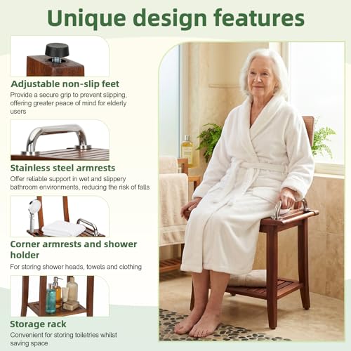 Shower Stool with Shelf and Handrails, Solid Water-Resistant Teak Shower Stool, Easy to Assemble, 300 lbs Capacity, 18.5 Inches, Ideal for Seniors, Kids & Those with Mobility Needs