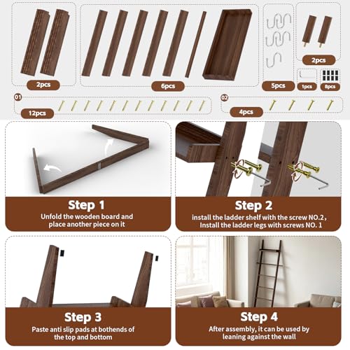 6-Tier Farmhouse Wooden Blanket Ladder with Shelf and Hooks Dark Brown | Rustic Quilt Towel Rack Decorative Holder Wall Leaning Storage with for Living Room Bedroom Decor