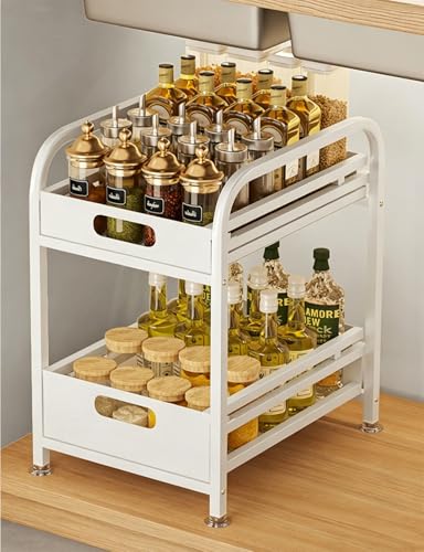 Under Sink Organizer 2 Tier Multi-Purpose Sliding Basket Drawer Organizer | Under The Sink Organizer Kitchen Pull Out Drawer Cabinet Storage for Bathroom Pantry Cabinet Closet Organization Rack - color: White