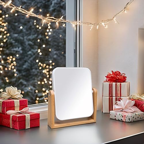 YEAKE Vanity Makeup Mirror with Natural Bamboo Stand, 8 Inch Double Sided 360 Degree Swivel Magnifying Mirror for Table, Desk, Countertop Shaving Make Up - color: White-rectangle (1x,2x)