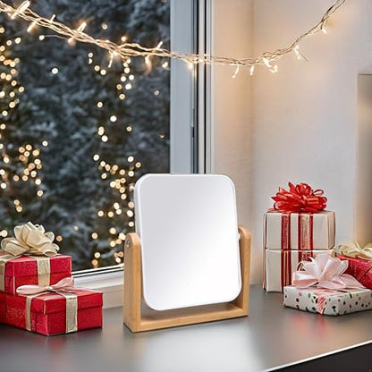 YEAKE Vanity Makeup Mirror with Natural Bamboo Stand, 8 Inch Double Sided 360 Degree Swivel Magnifying Mirror for Table, Desk, Countertop Shaving Make Up - color: White-rectangle (1x,2x)