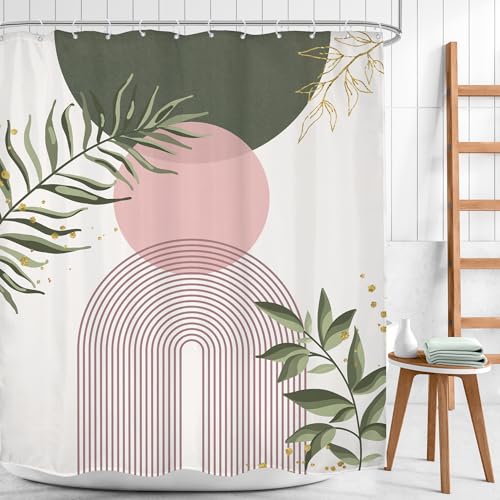 Sage Green Mid Century Pink Boho Abstrac Leaf Bathroom Shower Curtain Set | Bohemian Tropical look; 60"W x 72"L. waterproof HD print, quick-dry fabric and free hooks for easy setup. - color: A-07pink Green, size: 60"W x 72"L (Pack of 1)