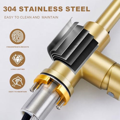 Gold Bathroom Sink Faucet with Pull Down Sprayer | 2 Mode Sprayer, with Deck Plate for 1 or 3 Hole, 360° Swivel, with Pop Up Drain for Vanity Bar RV Basin Laundry - color: Brushed Gold
