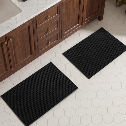 TYUU Bath Mat Set 2 Piece, Thin Bathroom Rugs Non Slip Washable Quick Dry | Non Slip Quick Dry Soft Absorbent Thin Low Pile Bathroom Mats, Washable Bath Rugs 2 Piece Set 16x24 in. Black - color: Black, size: 16"x24" + 16"x24"