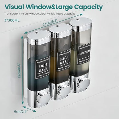 Shampoo and Conditioner Dispenser,Shower Soap Dispenser 3 Chamber No Drill | Wall-Mounted Shampoo Dispenser for Shower Wall Mounted Shower Dispenser for Bathroom Hotel Large Capacity, Chrome - color: 3chrome
