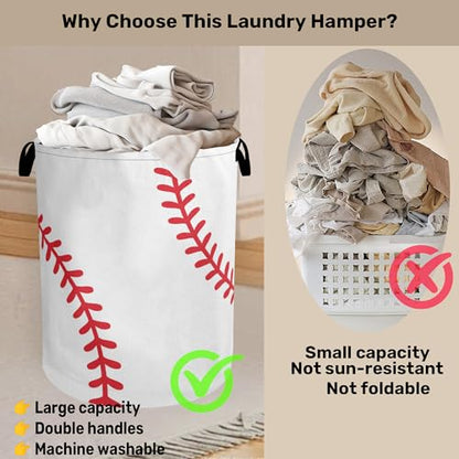 Baseball Large Clothes Hamper Bag - Laundry Basket with Handles, Space Saving Foldable Design for Nursery - color: Baseball