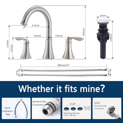 Friho 8 Inch Widespread 3 Hole Bathroom Faucet, Brushed Nickel Lead-Free 2-Handle Vanity Faucet with Swivel Spout, Pop-up Drain & Supply Hoses - color: Brushed Nickel-1