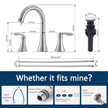Friho 8 Inch Widespread 3 Hole Bathroom Faucet, Brushed Nickel Lead-Free 2-Handle Vanity Faucet with Swivel Spout, Pop-up Drain & Supply Hoses - color: Brushed Nickel-1