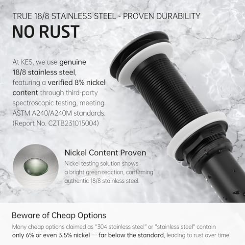 KES All Metal Pop Up Drain Without Overflow, Extended Thread, Bathroom | Matte Black, Brass And Stainless Steel, Compatible With Vessel Sinks, Drain Holes 1.6" To 1.9", 15K-Cycle Pop-Up - color: Matte Black, style: NO Overflow, Long Thread
