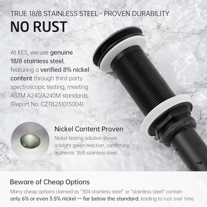 KES All Metal Pop Up Drain Without Overflow, Extended Thread, Bathroom | Matte Black, Brass And Stainless Steel, Compatible With Vessel Sinks, Drain Holes 1.6" To 1.9", 15K-Cycle Pop-Up - color: Matte Black, style: NO Overflow, Long Thread