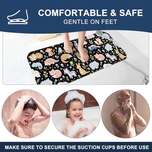 Baby Bath Mat for Tub Non Slip Kids, BPA Free Extra Long Bathtub Mat 40x16 with Drain Holes and 200 Suction Cups, Non Toxic Machine Washable Toddler Bath Mat, Eco-Friendly Certified - color: P-black Animal Collection