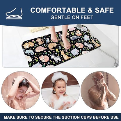 Baby Bath Mat for Tub Non Slip Kids, BPA Free Extra Long Bathtub Mat 40x16 with Drain Holes and 200 Suction Cups, Non Toxic Machine Washable Toddler Bath Mat, Eco-Friendly Certified - color: P-black Animal Collection
