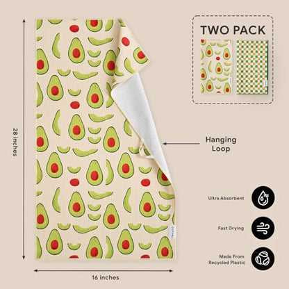 RECYCO Waffle Kitchen Towel Set of 2 - Quick Dry Microfiber Sustainable Dish Towels - Ultra Absorbent Reusable Cleaning Tea Towels - Lightweight Hand Towels,16”x 28”, Avocado Vibes - color: Avocado Vibes