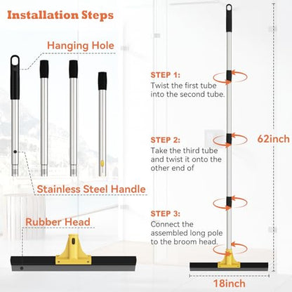 Large Heavy-Duty Floor Squeegee, 18” Rubber Blade Broom & 62” Long Handle Floor Squeegee for Concrete, Bathroom Tile, Garage Concrete, Deck, Shower Glass, Window Cleaning - color: Yellow