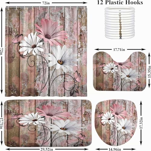 JAWO 4 Piece Pink Daisy Flower on Rustic Wooden Plank Country Style Shower Curtain Sets with Non-Slip Rugs, Toilet Lid Cover and Bath Mat, Shower Curtain with 12 Hooks - color: Pink-01, size: 5'10" x 5'10" (Rectangular)