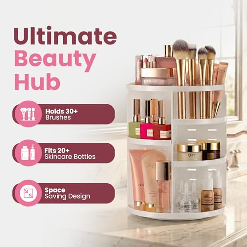 Masirs 360 Rotating Makeup Organizer Countertop, Adjustable Shelf, White | 360-Degree Rotating Makeup Organizer, Adjustable Shelf Height, Cosmetic Perfume Skincare Storage, Vanity Countertop, White - color: White