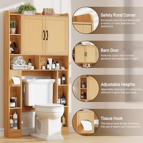 Vabches Farmhouse Style Rattan Over-The-Toilet Storage Cabinet with 2 Rattan Doors, Toilet Paper Holder - Space-Saving Oak Bathroom Organizer. - color: Rattan Oak