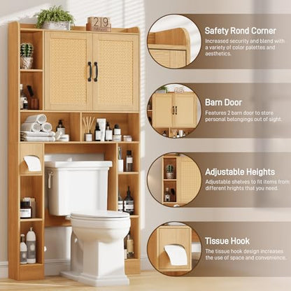 Vabches Farmhouse Style Rattan Over-The-Toilet Storage Cabinet with 2 Rattan Doors, Toilet Paper Holder - Space-Saving Oak Bathroom Organizer. - color: Rattan Oak