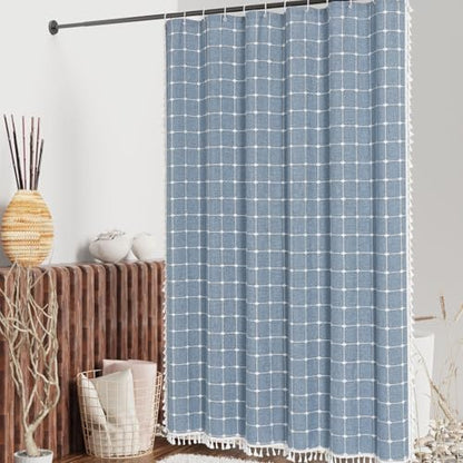 Boho Farmhouse Classic Plaid Linen Tassel Shower Curtain Blue,36x72 | Small Stall Half Size,310GSM Linen Blend Heavy Duty Cloth,3-side Tassels,Wrinkle Resistant,Rustic Bohemian Country design - color: Blue, size: 36"W x 72"L (Pack of 1)