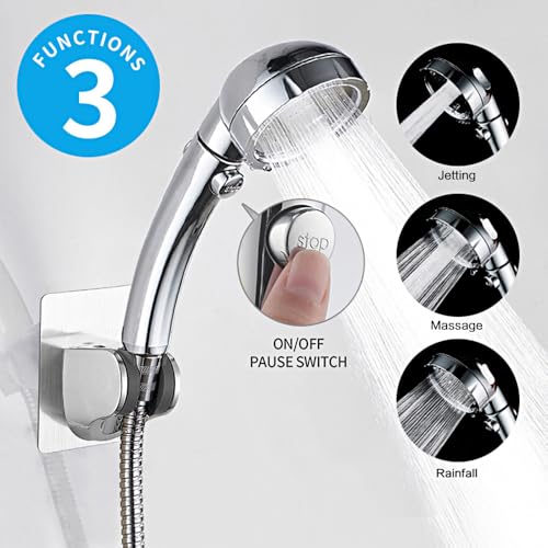 RV & Camper High Pressure Handheld Shower Head with Pause Button | 3 Spray Modes with ON/OFF Switch, Detachable Dog Shower Attachment, Drill-Free Pet Shower Wand with Bracket & Hose, Chrome - color: Chrome