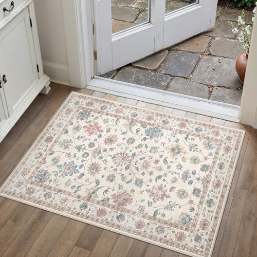 2x3 Colorful Retro Floral Washable Area Rug for Entryway | Low Pile, Non Slip, Retro Style, Soft Distressed Indoor Rug for Entryway, Kitchen, Bathroom, Door Mat, Home Decor - color: Colorful, size: 2' x 3' (Rectangular)