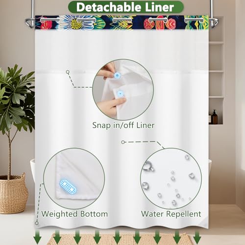 No Hook Shower Curtain with Snap in Liner, Boho Colorful Floral Shower Curtain with Mesh Top Window and Weighted Hem, 71x74 Inches Bohemian Waterproof Fabric Shower Curtain and Removable Liner Set - color: Gorgeous Daisies