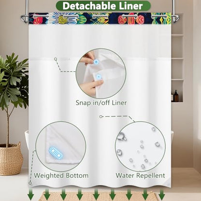 No Hook Shower Curtain with Snap in Liner, Boho Colorful Floral Shower Curtain with Mesh Top Window and Weighted Hem, 71x74 Inches Bohemian Waterproof Fabric Shower Curtain and Removable Liner Set - color: Gorgeous Daisies