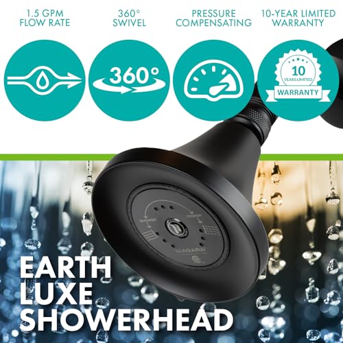 Niagara Conservation N3915MB Earth Luxe 3-Spray with 1.5 GPM 3.35-in. Wall Mount Adjustable Fixed Shower Head in Matte Black, 1-Pack | Bathroom Shower Head Sprayer with Pressure Compensation - color: Matte Black, style: 1.50 GPM
