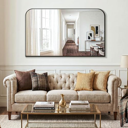 Black Bathroom Vanity Mirror 50x30 Inch | Metal Framed Bathroom Mirror for over Sink, Living Room, Bedroom, Entryway, Mantel, Fireplace Decor, Wall Mounted - size: 30"L x 50"W