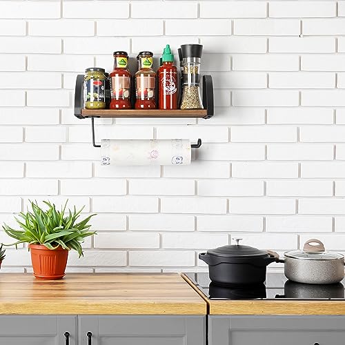 BTY Paper Towel Holder Wall Mount Farmhouse Wood Paper Towel Holder with Shelf Hanging Paper Towel Roll Rack Under Cabinet Spice Rack for Kitchen Bathroom Organizer Rustic Brown - color: Rustic Brown