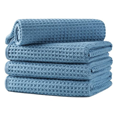 Microfiber Waffle Hand Towels, 4 Pieces, Soft, Absorbent, Fast Drying, Lint Free 430 GSM (16''x26''/40.64cm x 66.04cm) - color: Blue