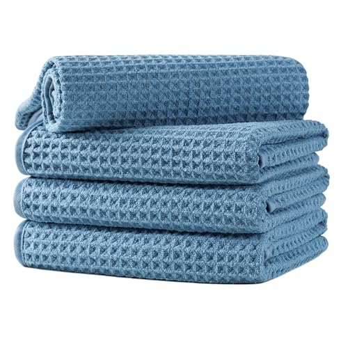 Microfiber Waffle Hand Towels, 4 Pieces, Soft, Absorbent, Fast Drying, Lint Free 430 GSM (16''x26''/40.64cm x 66.04cm) - color: Blue