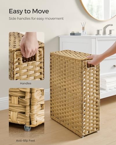 SONGMICS Slim Laundry Hamper with Lid, 14.5 Gallon (55L) Rattan Clothes Laundry Basket with Lid and Handles, Foldable, Removable Liner, Goose Yellow ULCB164N01 - color: Goose Yellow, size: 55 L