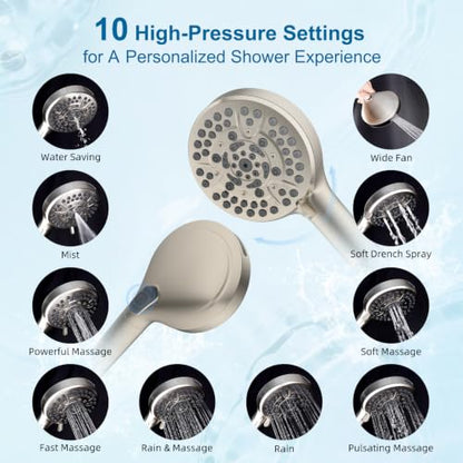 Hibbent Metal 10" High Pressure Rain Shower Head Combo, Brushed Nickel | cUPC Certified Rainfall Shower Head with handheld 10 Sprays, 16'' Adjustable Extension Arm, 71'' Hose, Showerhead Holder - color: Brushed Nickel, style: Square 10''