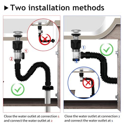 2 Pack Bathroom Sink Drain Kit, with Flexible Expandable P-Trap Sink Drain Pipe, Fits 1-1/4",1-1/2" and 2'' Drain Hole, Built-in Anti-Clogging Stopper, Anti-Odor With Overflow - color: Black With Overflow, style: 2 Pack