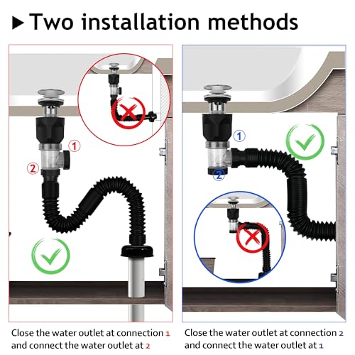 Bathroom Sink Drain Kit, with Flexible Expandable P-Trap Sink Drain Pipe, Fits 1-1/4",1-1/2" and 2'' Drain Hole, Built-in Anti-Clogging Stopper, Anti-Odor With Overflow - color: Black With Overflow, style: 1 Pack