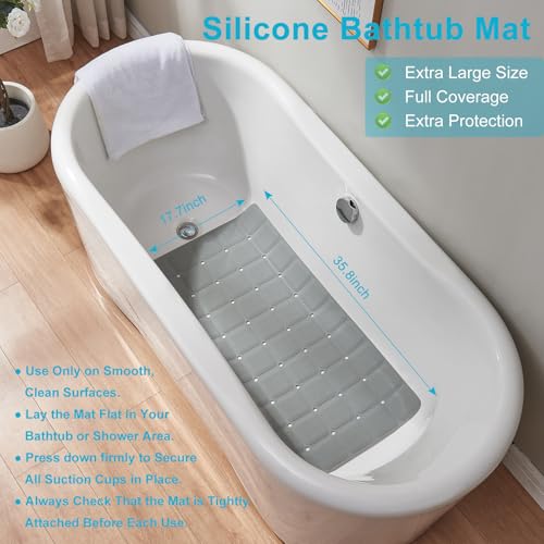 Webos Non-Slip Bath Mat for Tub & Shower：Silicone Foldable Bathtub Mat with Strong Suction Cups, Quick Drain Holes, Machine Washable Extra Large Bathroom Mats 35.8" x 17.7", Grey - color: Grey, size: 35.8" x 17.7" (Rectangular)