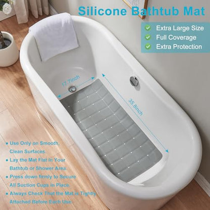 Webos Non-Slip Bath Mat for Tub & Shower：Silicone Foldable Bathtub Mat with Strong Suction Cups, Quick Drain Holes, Machine Washable Extra Large Bathroom Mats 35.8" x 17.7", Grey - color: Grey, size: 35.8" x 17.7" (Rectangular)