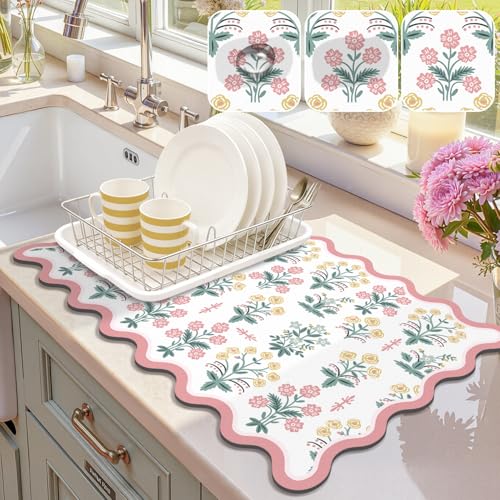LOKHOM Scalloped Floral Dish Drying Mat, 12"x20" Coffee Mat Pink Pastoral | Unique Floral, Super Absorbent, Cuttable, Hide Stain, Non-slip Drying Mat, For Kitchen Counter Coffee Maker Espresso Machine - color: Pink Floral, size: 12" x 20"