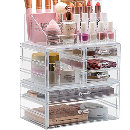 Sorbus Large Clear Makeup Organizer - Detachable 3-Piece Jewelry & Make Up Organizers and Storage Set - Spacious Cosmetic Display Tower - Makeup Organizer for Vanity, Bathroom, Dresser & Countertop - style: Modular Case