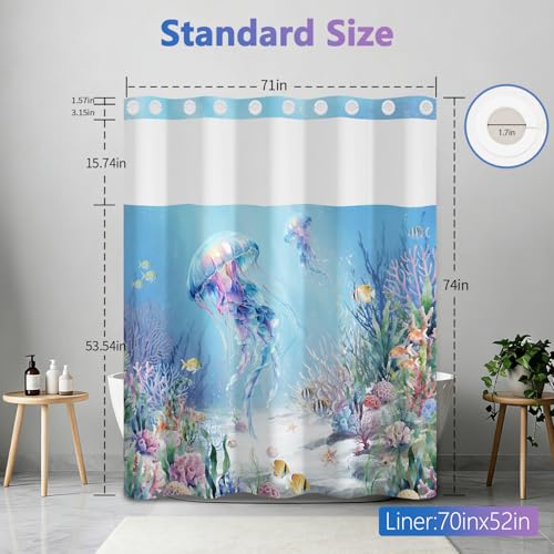 Ocean No Hook Shower Curtain with Snap in Liner Set, Colorful Jellyfish Shower Curtain with Mesh Top Window and Weighted Hem, Hotel Style Double-layer Waterproof Fabric Shower Curtain for Bathroom - color: Jellyfish
