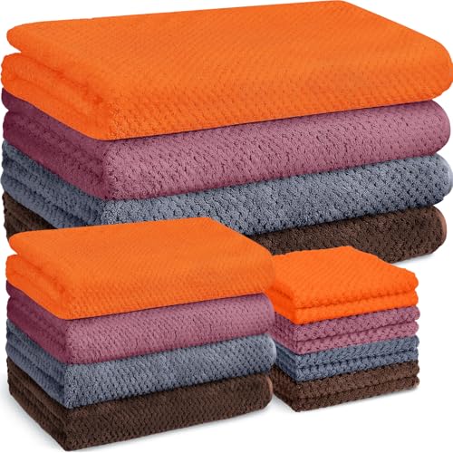 Preboun 4 Sets Bath Towels and Washcloths for Bathroom,Warm | 12 Pcs Microfiber Quick Dry Coral Fleece Highly Absorbent for College Dorm Beach Pool Spa Fitness Sports Shower Travel Hotel - color: Warm