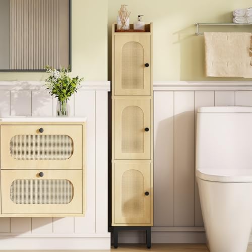 Hzuaneri Slim Bathroom Storage Cabinet, Narrow Bathroom Organizers,3 Doors | Narrow Storage Cabinet with 4 Adjustable Feet, Laundry Room Organization for Small Space, Kitchen,Living Room,Rattan Yellow - color: Rattan Yellow