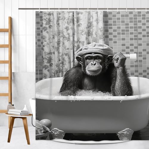 Funny Monkey Shower Curtain, Black and White Fun Chimpanzee Animal Bathroom Curtains, 72x72 Humorous Shower Curtain Set, Gray Wildlife Boys Men Modern Cool Bathroom Curtain - color: Black Gray, size: 72"W x 72"L (Pack of 1)