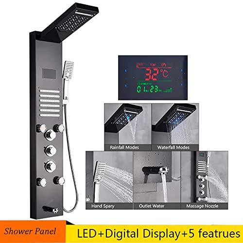 Led Shower Panel Tower System Digital Display Shower Column Stainless Steel Shower Panel System, Shower System with Shower Head, Handheld Shower, Body Jets, Tub Spout,Brushed,Black - color: Black
