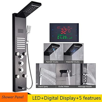 Led Shower Panel Tower System Digital Display Shower Column Stainless Steel Shower Panel System, Shower System with Shower Head, Handheld Shower, Body Jets, Tub Spout,Brushed,Black - color: Black