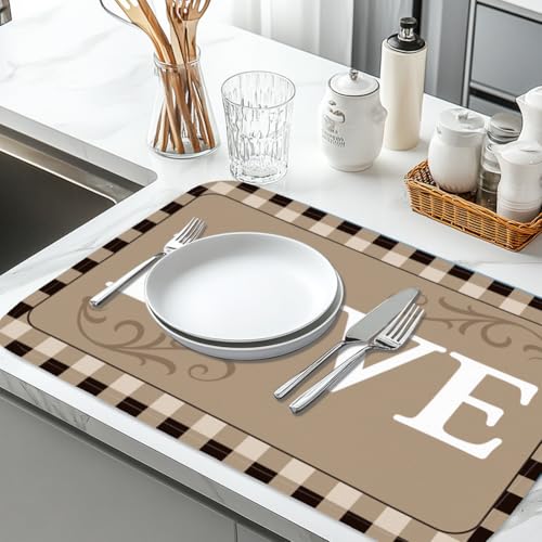 Plaid Dish Drying Mat for Kitchen Brown Checkered Dish Drainer Mats Absorbent Microfiber Love Text Dishes Drying Pad 18x24 Inches Washable for Countertop Coffee Bar Refrigerator - style: Love
