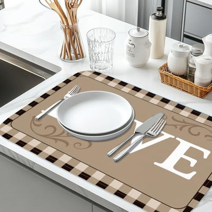 Plaid Dish Drying Mat for Kitchen Brown Checkered Dish Drainer Mats Absorbent Microfiber Love Text Dishes Drying Pad 18x24 Inches Washable for Countertop Coffee Bar Refrigerator - style: Love