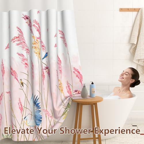 Hook Free Shower Curtain with Liner, Hotel Style Double-Layer Waterproof Pink Shower Curtain with Breathable Vent Window and Weighted Hem, Farmhouse Pastel Reed Bath Curtain, 71x74 Inches - color: Heron in Reed